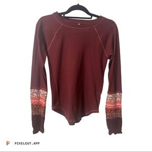 Free People Burgundy Maroon Henley Crochet Sleeves $78 NWOT